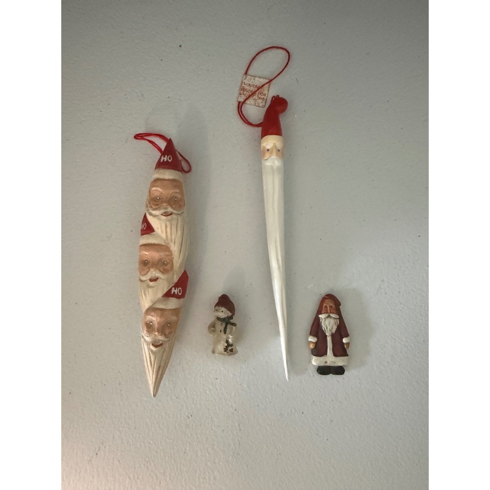 Vintage Santa Icicle Ornament Set Stacked Santa Snowman Holiday Decor 4pc